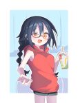  1girl black_hair black_shorts blue_background blush border braid breasts commentary_request drink furrowed_brow glasses highres holding holding_drink hood hood_down hoodie long_hair looking_at_viewer low_twin_braids mcdonald&#039;s medium_breasts null-meta open_mouth orange_eyes outside_border outstretched_hand package_(kazama0819) raised_eyebrows red_hoodie short_shorts shorts sleeveless sleeveless_hoodie smile smug solo souen_chiaki standing twin_braids uneven_eyes white_border 