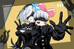  1boy 1girl 2b_(nier:automata) 9s_(nier:automata) black_dress black_gloves black_jacket blindfold blue_bow bow breasts cleavage cleavage_cutout clothing_cutout dress facing_viewer gloves hair_bow hairband highres jacket nier:automata nier_(series) open_mouth pink_bow qige smile upper_body v viewfinder 