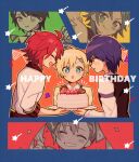  3boys 5.5 :o ^_^ birthday_cake black_vest blonde_hair blue_background blue_eyes cake closed_eyes commentary_request confetti facing_viewer fang food fruit happy happy_birthday holding holding_plate idol_time_pripara long_sleeves male_focus mitaka_asahi multiple_boys multiple_views musical_note open_mouth plate pretty_series pripara purple_hair red_hair shirt short_hair smile sparkling_eyes star_(symbol) strawberry string_of_flags takase_koyoi vest white_shirt yellow_eyes yumekawa_shogo 