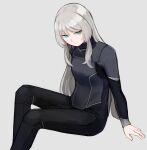  1girl absurdres alternate_costume an-94_(girls&#039;_frontline) blue_eyes bodysuit expressionless feet_out_of_frame girls&#039;_frontline grey_background highres long_hair rampart1028 sitting solo sweatdrop white_hair 