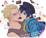  1boy 1girl blonde_hair blue_eyes blue_hair blue_shirt blush chocolate collared_shirt ear_piercing elulit2 food fruit grey_tank_top hat hetero looking_at_another looking_at_viewer necktie persona persona_4 piercing shared_food shirogane_naoto shirt short_sleeves simple_background strawberry suspenders sweat tank_top tatsumi_kanji teeth upper_teeth_only white_background yellow_necktie 