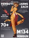 anthro brown_hair candy cheetah clothed clothing dessert english_text felid feline food footwear girly gun hair hi_res high_heels lollipop male mammal marcus_gray pink_eyes qr_code ranged_weapon simple_background solo text thick_thighs weapon yellow_body zachariah_(velocitycat)