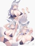  1girl animal_ears azur_lane bikini black_bikini breasts breath fox_ears hair_ornament highres large_breasts navel sagging_breasts sea_nami shinano_(azur_lane) simple_background sleeping solo swimsuit thighhighs white_background white_hair white_thighhighs 