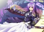  :d belt blonde_hair blurry bokeh depth_of_field doboru_(pixiv20862474) dress frills gradient_hair hijiri_byakuren long_hair multicolored_hair open_mouth purple_hair ribbon smile solo sorcerer's_sutra_scroll touhou yellow_eyes 