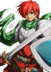  1boy adol_christin akane_kazami armor black_eyes breastplate hair_between_eyes highres holding holding_shield holding_sword holding_weapon pauldrons red_hair scarf shield short_hair shoulder_armor simple_background smile solo swept_bangs sword weapon white_background ys ys_seven 