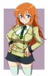  1girl ashford_academy_school_uniform belt black_skirt blue_eyes breasts charlotte_e._yeager code_geass collared_shirt cosplay dress_shirt green_necktie grin hands_on_own_hips jacket kin-san_(sasuraiga) large_breasts long_hair look-alike name_connection necktie orange_hair pencil_skirt purple_background school_uniform shirley_fenette shirley_fenette_(cosplay) shirt skirt smile solo strike_witches thighhighs two-tone_background white_shirt white_thighhighs world_witches_series yellow_jacket 