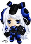  atk402 blue_eyes blush chibi eyebrows_visible_through_hair full_body long_hair looking_at_viewer signature simple_background solo starcraft terran_marauder very_long_hair wavy_hair white_background white_hair 