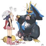 anthro biped black_body blue_body blush censor_bar condom condom_skirt duo empoleon female filled_condom generation_4_pokemon genitals gynomorph haramikarubi human intersex mammal nintendo penis pokemon pokemon_(species) sexual_barrier_device