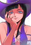  1girl armlet bad_id bad_tumblr_id black_hair blue_eyes blunt_bangs close-up cow_hat cross-laced_clothes cross-laced_top from_below hand_on_own_cheek hand_on_own_face hat highres medium_hair mygiorni nico_robin one_piece purple_headwear purple_shirt shirt simple_background sleeveless sleeveless_shirt smile solo upper_body white_background 