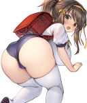  1girl all_fours alternate_breast_size ass backpack bag blush breasts brown_hair buruma dot_nose gougasha_akira gym_uniform hair_ribbon highres large_breasts long_hair looking_at_viewer looking_back open_mouth ponytail randoseru ribbon shirt short_sleeves simple_background skindentation solo suzumiya_haruhi suzumiya_haruhi_no_yuuutsu tearing_up thick_thighs thighhighs thighs white_background white_shirt white_thighhighs yellow_eyes 