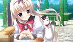  animal blonde_hair blue_eyes cat food game_cg kamiyaki_ruriko princess_evangile saeki_nao seifuku 
