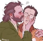  2boys beard black_hair blush bomber_jacket brown_hair closed_eyes disco_elysium facial_hair from_side gearlic glasses harry_du_bois highres holding_another&#039;s_head jacket kim_kitsuragi kiss kissing_cheek looking_to_the_side male_focus mature_male multiple_boys mustache mutton_chops profile short_hair simple_background thick_beard upper_body white_background yaoi 