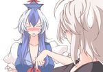 1girl ahoge angry blue_dress blue_hair blush breasts cleavage closed_eyes comic dress kamishirasawa_keine large_breasts lozelia morichika_rinnosuke multicolored_hair open_mouth pointing pointing_down shirt silent_comic silver_hair sweatdrop touhou two-tone_hair 