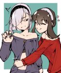  2girls bare_shoulders black_hair blush breasts cleavage colored_eyelashes dress earrings fiona_frost hair_over_one_eye hairband highres holding jewelry large_breasts long_hair multiple_girls red_eyes red_sweater short_hair sidelocks smile spy_x_family sweater sweater_dress todrawki2 white_hair white_hairband yor_briar yuri 