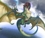  black_horns blue_background brown_fur claws dragon flying full_body green_scales horns leviair lightning looking_at_viewer mane no_humans open_mouth original overcast scales sharp_teeth sky solo storm tail teeth yellow_eyes yellow_wings 