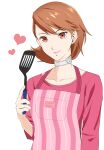  1girl apron brown_eyes brown_hair choker closed_mouth collarbone commentary_request daisysan earrings heart heart_choker highres holding holding_spatula jewelry lips official_alternate_costume pearl_earrings persona persona_3 persona_3_reload pink_apron pink_lips pink_shirt shirt short_hair simple_background smile solo spatula stud_earrings swept_bangs takeba_yukari upper_body white_background white_choker 