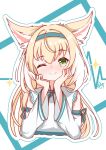  1girl absurdres alternate_costume animal_ears arknights blonde_hair blue_hairband blush chinese_commentary closed_mouth commentary_request cropped_torso detached_sleeves fox_ears fox_girl green_eyes hairband hands_on_own_chin highres long_hair long_sleeves looking_at_viewer multicolored_hair one_eye_closed shirt smile solo suzuran_(arknights) two-tone_hair white_hair white_shirt yunduan_tianshang_de_long_yt 