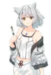  1girl animal_ear_fluff animal_ears bare_shoulders braid brown_eyes camisole closed_mouth collarbone grey_hair grey_jacket hand_up highres holding jacket long_sleeves looking_at_viewer mio_(xenoblade) mo_equal_pu off_shoulder open_clothes open_jacket puffy_long_sleeves puffy_sleeves short_hair simple_background skirt smile solo white_background white_camisole white_skirt xenoblade_chronicles_(series) xenoblade_chronicles_3 
