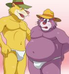 2024 anthro asian_clothing belly big_belly blush bulge clothing duo east_asian_clothing felid fundoshi hat headgear headwear hi_res japanese_clothing kemono kmhr_889012 male male/male mammal montana_jones montana_jones_(character) moobs overweight overweight_male purple_body simple_background underwear white_clothing white_fundoshi white_underwear yellow_body