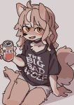 2024 ahoge alcohol anthro barefoot beer beverage beverage_can blush bottomwear canid canine canis clothing cute_fangs digital_media_(artwork) drunk feet female female_anthro flat_chested fur hair hi_res holding_beverage holding_object kemono looking_at_viewer mammal open_mouth shirt shorts solo substance_intoxication t-shirt tail text text_on_clothing toes topwear wolf yagi_the_goat