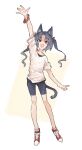  1girl animal_ear_fluff animal_ears arm_up black_hair black_shorts bracelet bright_pupils cat_ears cat_girl cat_tail cross-laced_footwear fang full_body highres jewelry kasa_(hitori_sanka) long_hair looking_at_viewer open_mouth original red_eyes red_footwear shirt shoes shorts simple_background skin_fang sneakers solo standing tail two_side_up waving white_pupils white_shirt yellow_background 
