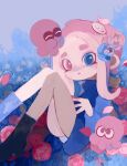  1girl blue_eyes blue_sky boots commentary field flower flower_field heterochromia high_heel_boots high_heels highres li04r long_hair looking_at_viewer octoling_girl octoling_player_character octopus on_grass open_mouth outdoors parted_lips pink_eyes pink_hair sitting sky splatoon_(series) tentacle_hair thick_eyebrows 
