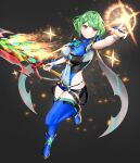  1girl absurdres aegis_sword_(xenoblade) alternate_color alternate_hair_color armor bare_arms black_shorts blue_thighhighs breasts core_crystal_(xenoblade) covered_navel drop_earrings earrings eilier_project fingerless_gloves fire full_body gloves green_hair highres holding holding_weapon impossible_clothes jewelry large_breasts pyra_(xenoblade) pyrokinesis red_eyes serious short_hair short_shorts shorts shoulder_armor solo swept_bangs sword thighhighs tiara weapon xenoblade_chronicles_(series) xenoblade_chronicles_2 