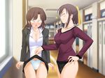  2girls angry assisted_exposure blush breasts brown_hair cleavage eyes_closed game_cg hallway indoors inside koi_to_mizugi_to_taiyo_to large_breasts mad multiple_girls one_eye_closed open_mouth panties pantyshot pov purple_hair school school_uniform shock short_hair skirt skirt_lift smile surprise surprised teacher teachers underwear wink 