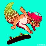 1:1 anthro biped clothing countershade_torso countershading eublepharid gecko green_background hat headgear headwear leopard_gecko lizard male powderrune red_clothing red_hat red_headwear reptile scalie simple_background skateboard skateboarding solo