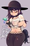  1girl 2boys belt_choker black_gloves black_headwear bra bra_visible_through_clothes character_request ear_piercing fishnet_pantyhose fishnets fishstick_(fortnite) fortnite gloves grey_background hat highres jiansketch jonesy_(fortnite) lifted_by_self looking_at_another looking_at_viewer midriff multiple_boys navel one_eye_closed pants pantyhose piercing purple_hair see-through see-through_shirt shirt speech_bubble tongue tongue_out underwear water wet wet_clothes wet_shirt 