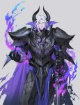  1boy armor black_horns cape claws colored_skin cowboy_shot fire grey_background hands_up high_collar highres holding holding_sword holding_weapon horns leviair looking_at_viewer male_focus medium_hair original pauldrons pelvic_curtain pointy_ears purple_cape purple_eyes purple_fire purple_skin pyrokinesis shoulder_armor simple_background single_sidelock standing sword torn_cape torn_clothes weapon white_hair 