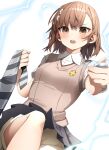  1girl absurdres breasts brown_eyes brown_hair brown_sweater_vest coin collared_shirt diagonal-striped_clothes diagonal-striped_necktie electricity electrokinesis grey_necktie grey_skirt highres holding holding_coin looking_at_viewer medium_hair miniskirt misaka_mikoto necktie necktie_grab neckwear_grab open_mouth pepushi_drow pleated_skirt railgun school_emblem school_uniform shirt short_sleeves shorts skirt small_breasts solo striped_clothes summer_uniform sweater_vest teeth toaru_kagaku_no_railgun toaru_majutsu_no_index tokiwadai_school_uniform upper_teeth_only white_shirt white_shorts 