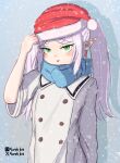  1girl absurdres blue_scarf coat commentary contemporary earrings frieren green_eyes grey_hair hat highres jewelry kurohi_drw long_hair makeup mascara pixiv_username pointy_ears santa_hat scarf sleeves_rolled_up snow solo sousou_no_frieren thick_eyebrows twitter_username upper_body white_coat 