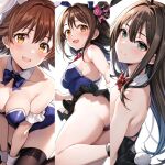  3girls alternate_costume animal_ears ass black_hair black_leotard black_thighhighs blue_leotard blush bow bowtie breasts brown_hair cleavage column_lineup detached_collar fake_animal_ears fake_tail highres honda_mio idolmaster idolmaster_cinderella_girls leotard looking_at_viewer medium_breasts multiple_girls new_generations_(idolmaster) playboy_bunny popon_ta rabbit_ear_hairband rabbit_ears rabbit_tail red_bow red_bowtie shibuya_rin shimamura_uzuki simple_background smile strapless strapless_leotard tail thighhighs white_background wrist_cuffs 