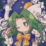  1girl blue_capelet blue_dress blue_flower blue_headwear bow bowtie capelet closed_mouth commentary_request dress flower green_eyes green_hair hat hat_bow holding holding_flower long_hair long_sleeves mima_(touhou) one_eye_closed parted_bangs puffy_sleeves shirt solo suelement sun_print touhou touhou_(pc-98) very_long_hair white_bow white_flower white_shirt wizard_hat yellow_bow yellow_bowtie 