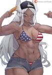  1girl :o abs american_flag_bikini animal_ears arms_up backwards_hat bikini bikini_under_clothes black_headwear boku_no_hero_academia breasts collarbone dark-skinned_female dark_skin flag_print food funi_xd hat highres holding holding_food large_breasts long_eyelashes long_hair looking_down mirko muscular muscular_female navel open_clothes open_shorts parted_bangs rabbit_ears rabbit_girl red_eyes short_shorts shorts side-tie_bikini_bottom solo spill stomach swimsuit thighs very_long_hair white_background white_hair 