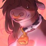 ambiguous_gender anthro blush bovid bovine breasts cattle collar cow_(cowcollar) cowbell cowcollar digital_media_(artwork) facial_piercing fur hair lidded_eyes mammal nose_piercing nose_ring open_mouth piercing ring_piercing simple_background smile solo trans_(lore)