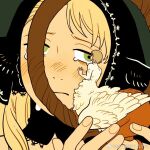  2girls blonde_hair blush dungeon_meshi falin_thorden falin_thorden_(chimera) frown full_body marcille_donato marcille_donato_(dungeon_lord) mini_person minigirl mukumuku_u multiple_girls portrait size_difference staff tearing_up 