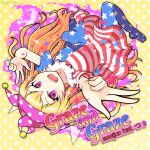  1girl 3k2_vdme :d absurdres american_flag_dress american_flag_legwear blonde_hair clownpiece commentary_request double_v dress english_text fairy_wings fire full_body hat highres jester_cap light_blush long_hair looking_at_viewer multicolored_clothes multicolored_dress neck_ruff no_shoes open_mouth outstretched_arms pantyhose polka_dot polka_dot_background polka_dot_headwear purple_eyes purple_fire purple_headwear short_sleeves simple_background smile solo sparkle star_(symbol) star_print striped_clothes striped_dress striped_pantyhose touhou twitter_username upside-down v very_long_hair wings yellow_background 