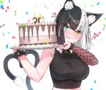  1girl :3 absurdres animal_ear_fluff animal_ears asymmetrical_sleeves aurahman bell birthday_cake black_gloves black_hair black_shirt black_tail blue_eyes blush bracelet breasts cake candle cat_ears cat_girl cat_tail commentary confetti crop_top fingerless_gloves fishnet_sleeves food gloves heterochromia highres holding holding_tray jewelry jingle_bell large_breasts looking_at_viewer multicolored_hair musical_note open_mouth original shirt single_glove sleeveless sleeveless_shirt solo spiked_bracelet spikes split-color_hair streaked_hair tail tray two-tone_hair uneven_sleeves upper_body white_background white_hair yellow_eyes 