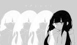  1girl :o black_hair blunt_bangs expressionless gomi53maru grey_background hood hood_down hoodie inabakumori lag_train_(vocaloid) looking_at_viewer low_twintails monochrome open_mouth osage_(nukunuku_nigirimeshi) recurring_image simple_background solo song_name translated twintails 