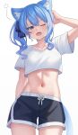  1girl absurdres animal_ear_fluff animal_ears aoi_zerii black_shorts blue_eyes blue_hair blue_ribbon blush breasts cat_ears cat_girl cat_tail choker commentary_request cropped_shirt dolphin_shorts hair_between_eyes hair_ribbon highres hololive hoshimachi_suisei kemonomimi_mode long_hair looking_at_viewer medium_breasts medium_hair midriff navel one_eye_closed open_mouth ribbon scratching_head shirt short_sleeves shorts side_ponytail sleepy solo star_(symbol) star_in_eye symbol_in_eye tail virtual_youtuber waking_up white_background white_shirt yawning 