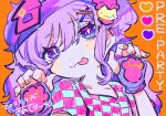  1girl bouryokuteki_ni_kawaii cat_hair_ornament checkered_clothes checkered_shirt dated fingerless_gloves gloves hair_between_eyes hair_ornament hands_up heart highres kiato long_hair looking_at_viewer nail_polish orange_background orange_nails paw_print purple_eyes purple_gloves purple_hair shirt short_sleeves signature smile solo tongue tongue_out two_side_up upper_body x_hair_ornament 