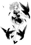  animal apron arms_up bad_id bad_pixiv_id bangs bird bow crow feathers flying greyscale hair_bow happy high_heels looking_at_viewer looking_back miniskirt monochrome no_socks open_mouth original outstretched_arm parted_bangs shoes short_hair simekirikowai simple_background skirt solo twintails wrist_cuffs 