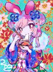  1girl animal_ears blue_flower bowl bright_pupils chopsticks closed_mouth commentary cowboy_shot double_bun eating english_commentary floral_background flower food fur_scarf hair_between_eyes hair_bun hair_flower hair_ornament hands_up highres holding holding_bowl holding_chopsticks japanese_clothes kiato kimono long_sleeves looking_at_viewer mochi multicolored_clothes multicolored_kimono new_year original rabbit_ears red_flower signature solo standing white_pupils wide_sleeves 