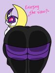 anthro anthrofied bat big_butt butt butt_focus clothed clothing digital_media_(artwork) enderbendr female generation_7_pokemon genitals legendary_pokemon looking_at_viewer looking_back luna_(endrslendr) lunala mammal nintendo pokemon pokemon_(species) presenting rear_view simple_background smile solo text thick_thighs