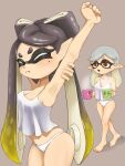  2girls alternate_hairstyle arm_up armpits bare_shoulders barefoot black_hair blonde_hair bow-shaped_hair breasts callie_(splatoon) cleavage closed_eyes closed_mouth collarbone commentary cousins cup english_commentary eyelashes full_body gradient_hair grey_background grey_hair hair_down highres holding holding_cup large_breasts long_hair marie_(splatoon) mole mole_under_eye multicolored_hair multiple_girls navel open_mouth orange_eyes orange_pupils panties pointy_ears shadow sheoknight simple_background splatoon_(series) splatoon_1 standing star-shaped_pupils star_(symbol) steam stretching symbol-shaped_pupils tentacle_hair thick_eyebrows two-tone_hair underwear walking white_panties 
