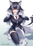  1girl absurdres animal_ears blue_eyes blush claw_pose fangs fur_collar fur_trim gradient_legwear grey_hair grey_necktie grey_skirt grey_thighhighs grey_wolf_(kemono_friends) hair_between_eyes heterochromia highres kemono_friends loafers long_hair looking_at_viewer necktie open_mouth plaid plaid_necktie plaid_skirt pleated_skirt poru_(tohopunk) shoes sidelocks skirt smile solo tail thighhighs white_footwear white_fur white_hair white_thighhighs wolf_ears wolf_girl wolf_tail yellow_eyes zettai_ryouiki 