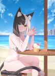  1girl :3 animal_ears aurahman beach bikini black_tail blue_eyes breasts cat_ears cat_girl cat_tail cleavage closed_mouth commentary crossed_legs english_commentary heterochromia highres ice_cream_cup looking_at_viewer medium_breasts medium_hair midriff multicolored_hair navel original own_hands_together sideboob sitting solo split-color_hair swimsuit tail two-tone_hair upper_body white_bikini white_hair yellow_eyes 