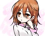  1girl blush breasts brown_eyes brown_hair closed_mouth commentary_request dot_nose dress hair_between_eyes hand_up i.u.y long_sleeves looking_at_viewer medium_breasts medium_hair messy_hair misaka_worst pink_background solo toaru_majutsu_no_index toaru_majutsu_no_index:_new_testament upper_body vietnamese_dress white_dress 